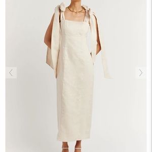 AISLE PEARL LINEN BOW MIDI DRESS - 6 / CREAM